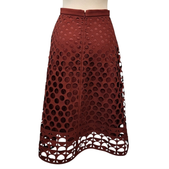 EUC J CREW BURGUNDY LASER CUT-OUT GEOMETRIC A-LINE MIDI SKIRT, SZ4 - Picture 8 of 14